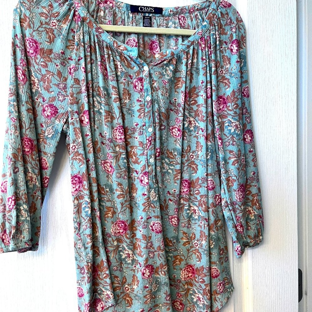 Chaps Denim 3/4 Sleeve Floral Gauze Blouse